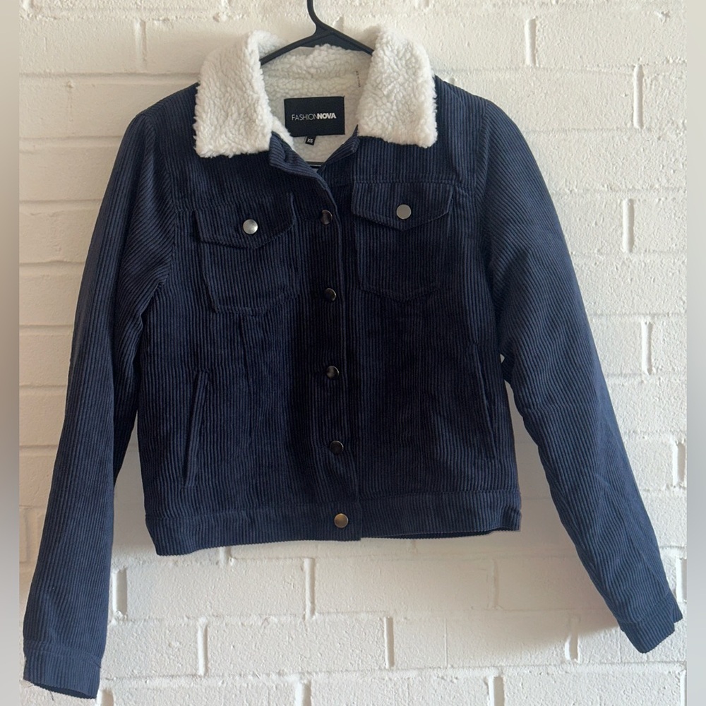 Fashion Nova Blue Jean Jacket with White Sherpa Collar